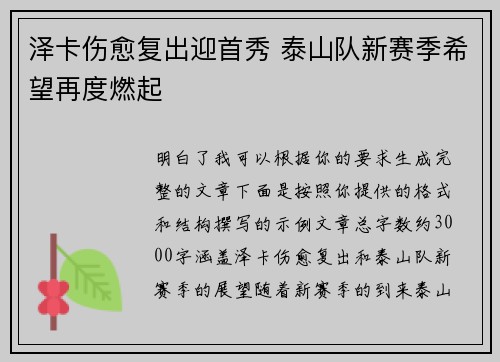 泽卡伤愈复出迎首秀 泰山队新赛季希望再度燃起 泽卡伤愈复出迎首秀 泰山队新赛季希望再度燃起